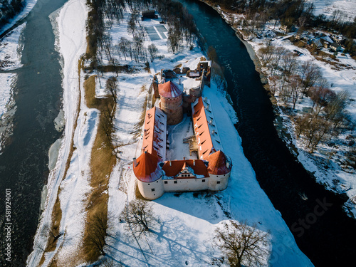 Bauska Castle Historic Latvian Landmark from drone. Castle Ruins and Palatial Architecture