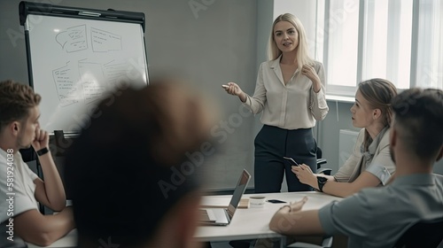 White woman doing a presentation to her coworkers. Office meeting. Businesswoman talking. Group meeting. Generative AI illustration.