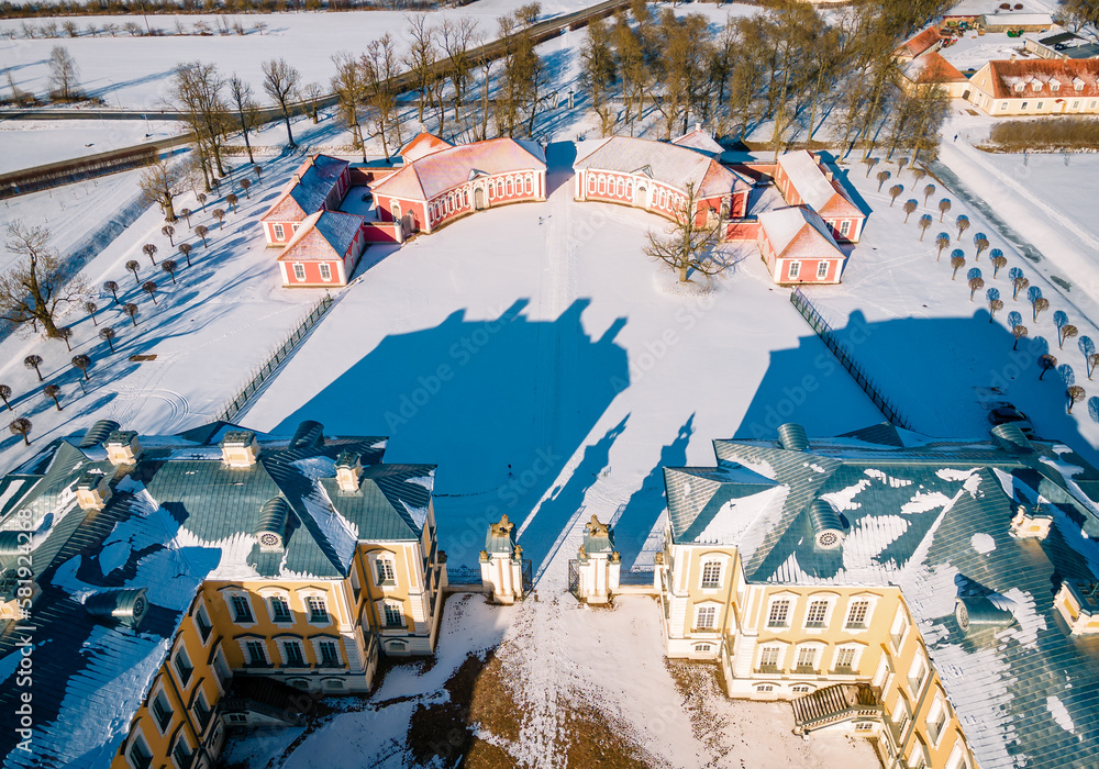 Drone Panorama of Rundale Palace and Garden in Latvia,  Majestic Baroque Architecture and Scenic Beauty
