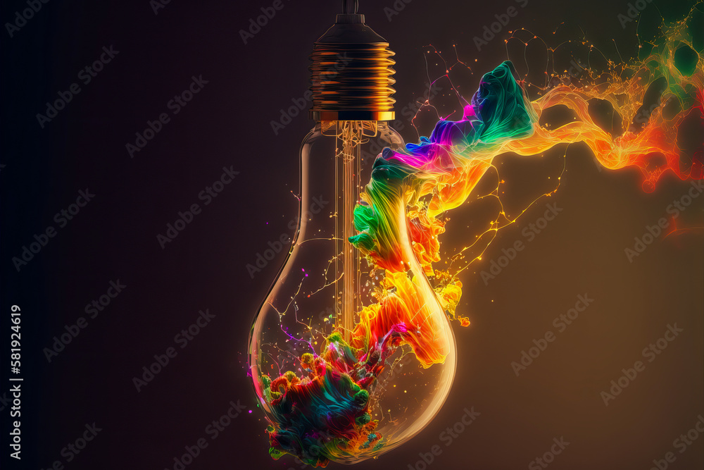 Abstract and colorful light bulb with rays of light to illustrate the abundance and accessibility of energy. Symbolizes its reach and impact. Generative AI Abstract and colorful light bulb with rays of light to illustrate the abundance and accessibility of energy. Symbolizes its reach and impact. Generative AI