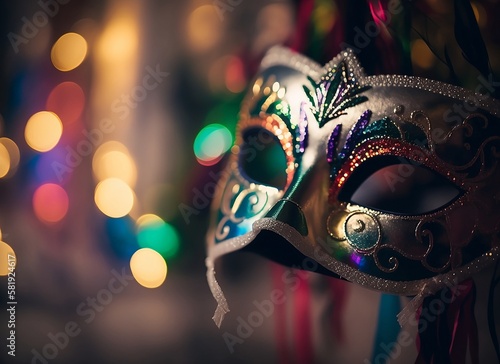 Carnival - Venetian Mask Party - Masquerade Disguise With Shiny Streamers On Abstract Defocused Bokeh Lights © Stitch