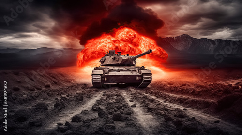 An army or military tank fires at the enemy, in a war zone on the battlefield. digital ai art