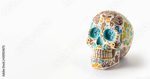 Sugar Skull, Calavera, to celebrate Mexicans Day of the Dead greeting card with white color space. Generative AI