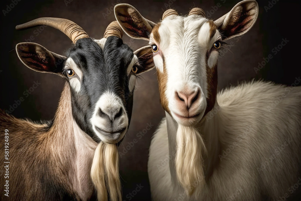 white and dark goats closeup portrait. Generative AI white and dark goats closeup portrait. Generative AI