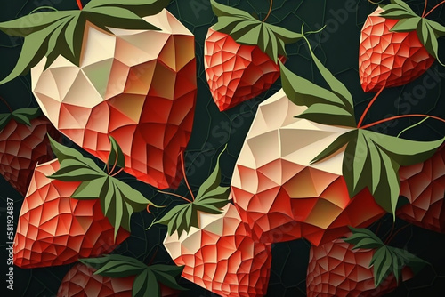 Picture of strawberries on the dark background, colorblocks technique. Generative AI photo