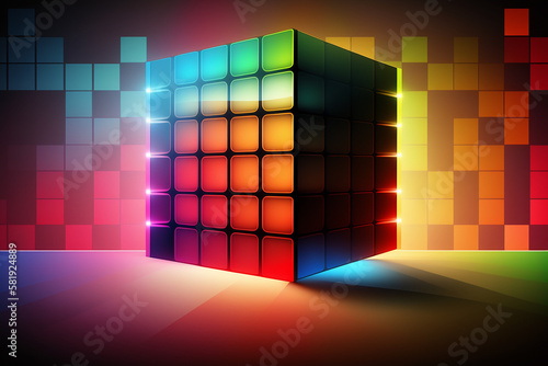 Colorful cube on a gradient iridescent background, 70s style. Generative AI photo