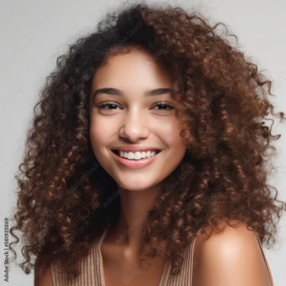 smiling girl with curly hair . generative AI smiling girl with curly hair . generative AI