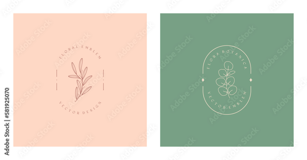 Vector floral organic emblems.Natural logo designs with linear eucalyptus branch and frames.Modern eco or bio badges in trendy minimalist style.Branding design templates. Vector floral organic emblems.Natural logo designs with linear eucalyptus branch and frames.Modern eco or bio badges in trendy minimalist style.Branding design templates.