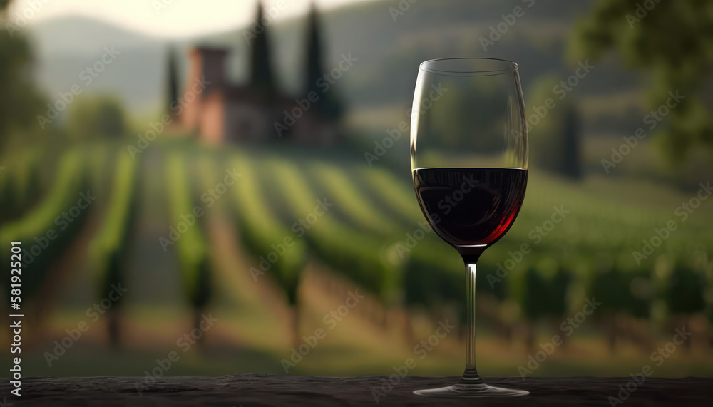 Glass of red wine against the background of a vineyard in Tuscany .  generative Ai