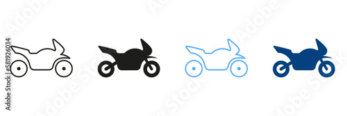 Motorcycle, Scooter And Motorcycle Line And Silhouette Signs. Set Of Color Icons Of Motorcycle, Sport Bike. Collection Of Motorcycle Transportation Symbols. Isolated Vector Illustration