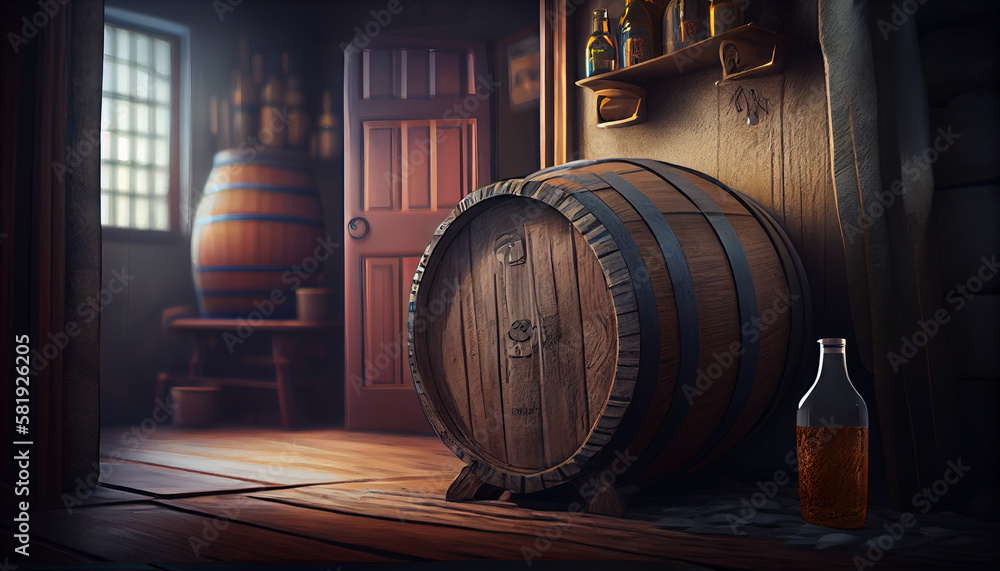Wooden barrel of alcohol. Generative Ai Wooden barrel of alcohol. Generative Ai
