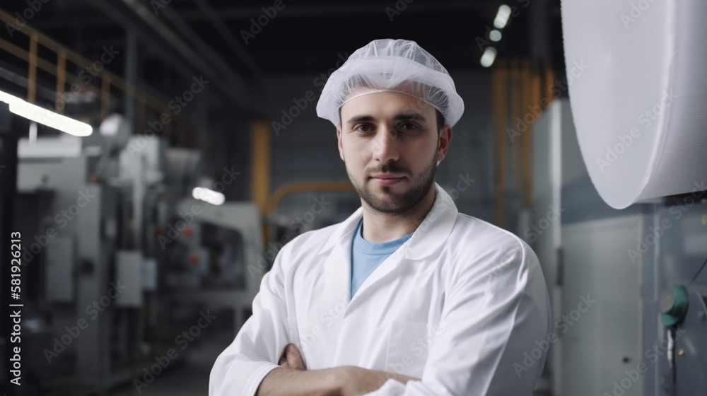 Factory worker in protective lab coat standing by industrial machine at production line