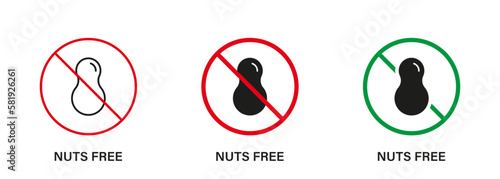 Nut Free Silhouette and Line Icon Set. Nuts Product Stop Sign. Peanuts Forbidden Symbol. Food Allergy on Peanut Logo. No Contain Peanut Label. Avoid Nuts in Food. Isolated Vector Illustration