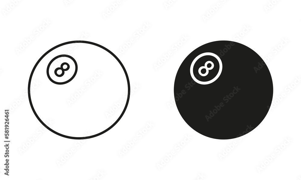 Billiards Ball Black Silhouette and Line Icon Set. Ball for Play Sports Game Solid and Outline Symbol Collection on White Background. Isolated Vector Illustration Billiards Ball Black Silhouette and Line Icon Set. Ball for Play Sports Game Solid and Outline Symbol Collection on White Background. Isolated Vector Illustration