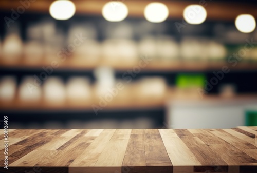 Mockup of wooden table or planks of a panorama banner for product presentation. a supermarket in a blurred background. Template for products, prototypes and presentation designs. Generative AI