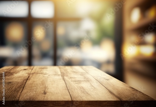 Mockup of wooden table or planks
of a panorama banner for product presentation. a beach restaurant in a blurred background. Template for products, prototypes and presentation designs. Generative AI