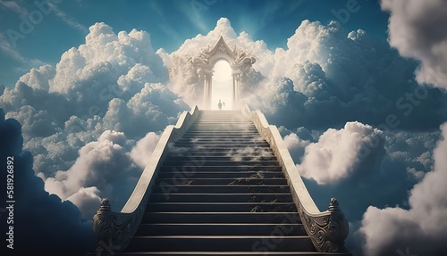 Illustration vom Eingang zur Himmelstür. Breite Treppe in den Himmel zu den Wolken. Generativ KI   © Marco