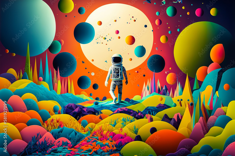 Astronaut floating in a colorful abstract space. Surrealist style, bright colors, feelings of fear and wonder. Generative AI