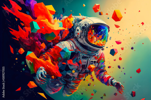 A bold and colorful image representing space, with an astronaut floating among abstract shapes. Surreal style to convey awe and wonder. Generative AI photo