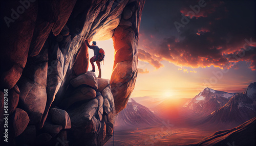 Climber on the rock at sunset. Generative Ai