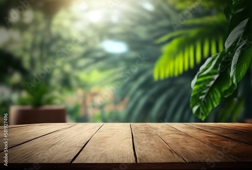 Mockup of wooden table for a panorama banner for product presentation. Green meadow with trees in the blurred background. Template for products  prototypes and presentation designs. Generative AI
