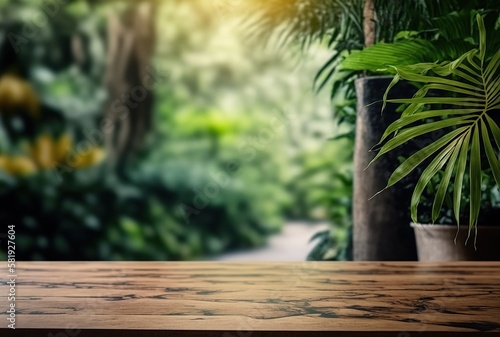 Mockup of wooden table for a panorama banner for product presentation. Green meadow with trees in the blurred background. Template for products  prototypes and presentation designs. Generative AI