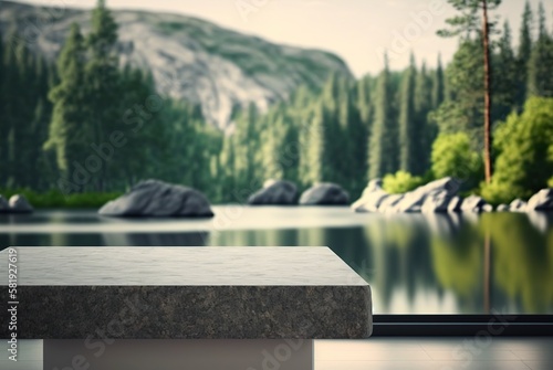 Mockup podium made of fine granite and a slightly blurred landscape with a lake and mountains in the background. Ideal for product presentation on empty stone surface - AI generated