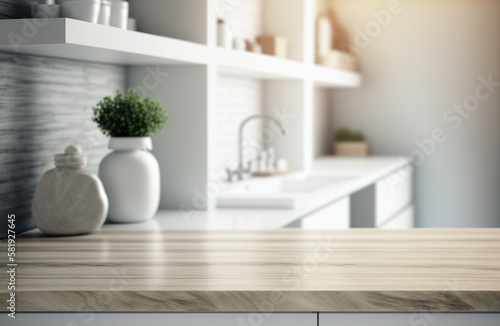 Mockup of a marble table of a panorama banner for product presentation.  A white kitchen in a blurred background. Template for products  prototypes and presentation designs. Generative AI