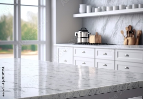 Mockup of a marble table of a panorama banner for product presentation.  A white kitchen in a blurred background. Template for products, prototypes and presentation designs. Generative AI