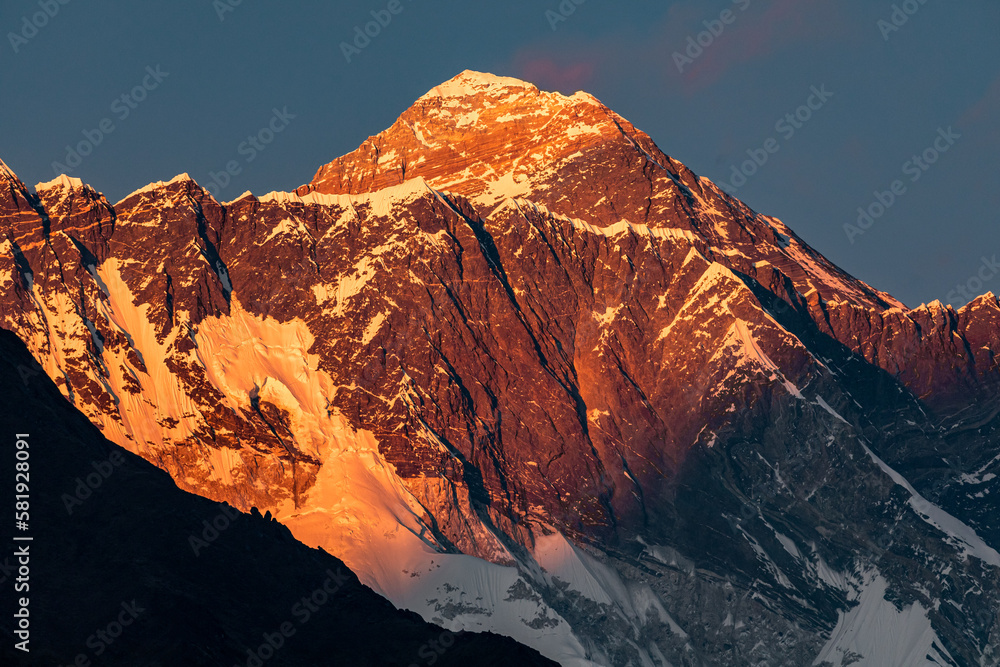 Beautiful orange sunset on Mount Everest (8850m), photographed from Pangboche village