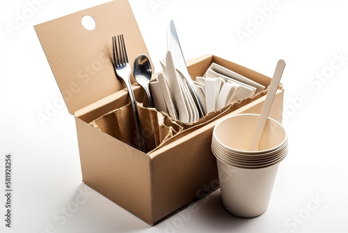 paper glass and silverware in a paper box Packaging for food delivery against a white background. Generative AI
