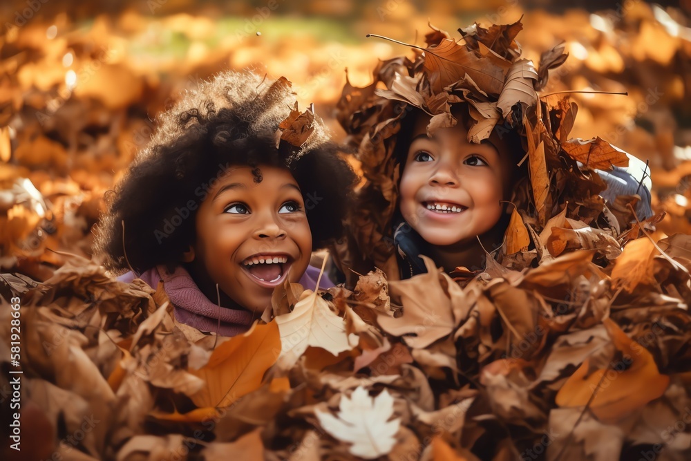 two children playing in a pile of autumn leaves, big smiling faces, best of friends, generative ai two children playing in a pile of autumn leaves, big smiling faces, best of friends, generative ai