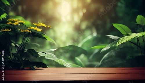 product display stand  empty wooden table  tropical nature background with bokeh.