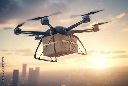 Package delivery drone flying in in the sky at sunrise,  generative ai