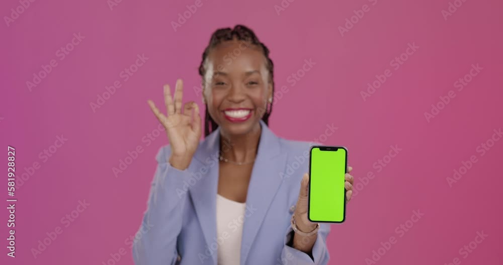 Black woman, phone and green screen or ok sign for marketing or ...