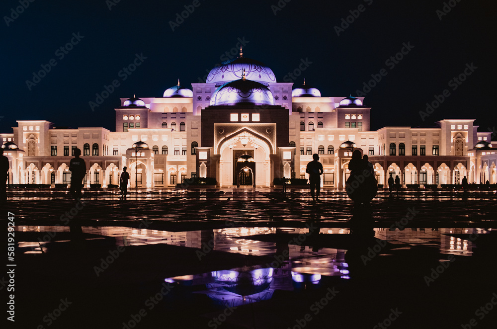 Fototapeta premium Presidential Palace, Palace of Qasr al-Watan (the Palace of the nation) outside, at night illuminated during the light show, Abu Dhabi city in Arab Emirates, United Arab Emirates, 