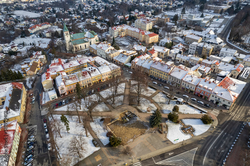 Drone view of Lancut town during winter 