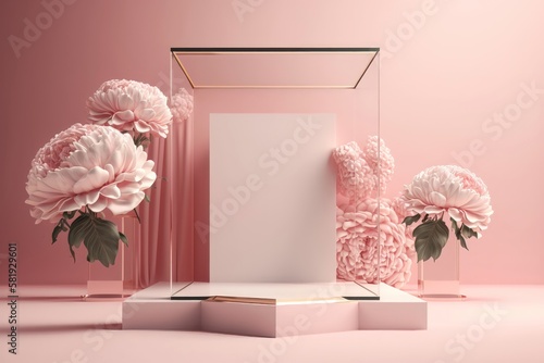 Contemporary pink podium stage with glass and big peonies. AI Generation