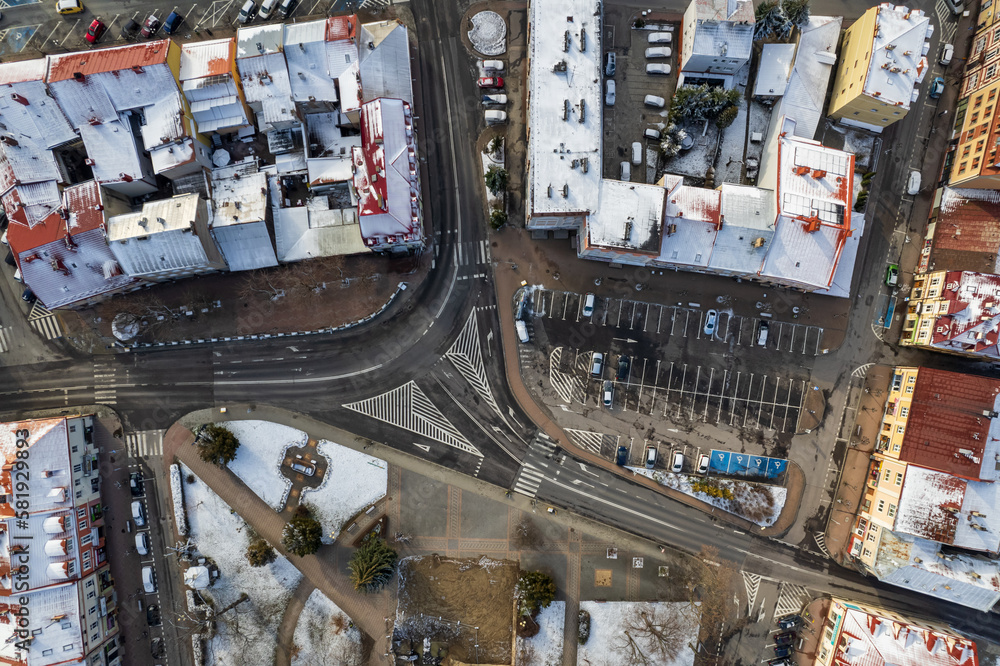 Drone view of Lancut town during winter
