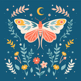Mystery print with insect moth, flowers, florals and herbs. Sacred witchcraft floral art. Boho elegant vector butterfly, night-fly.