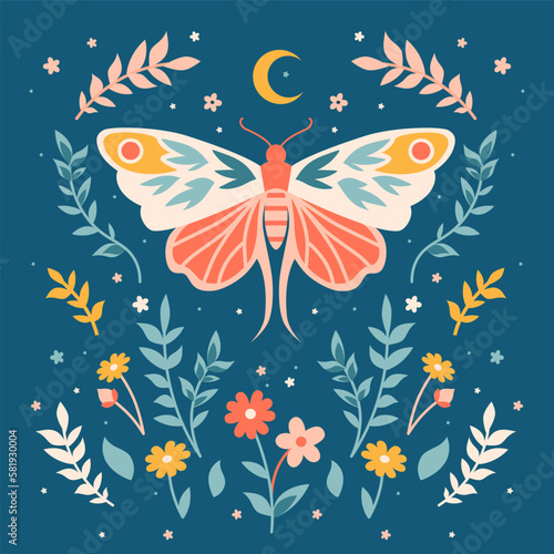 Mystery print with insect moth, flowers, florals and herbs. Sacred witchcraft floral art. Boho elegant vector butterfly, night-fly.