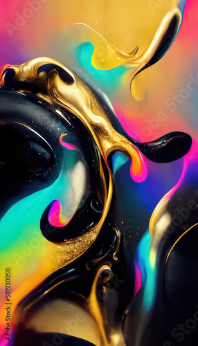 Creative colorful neon gold abstract dynamic psychedelic twisted fluid liquid shape background. Generative AI