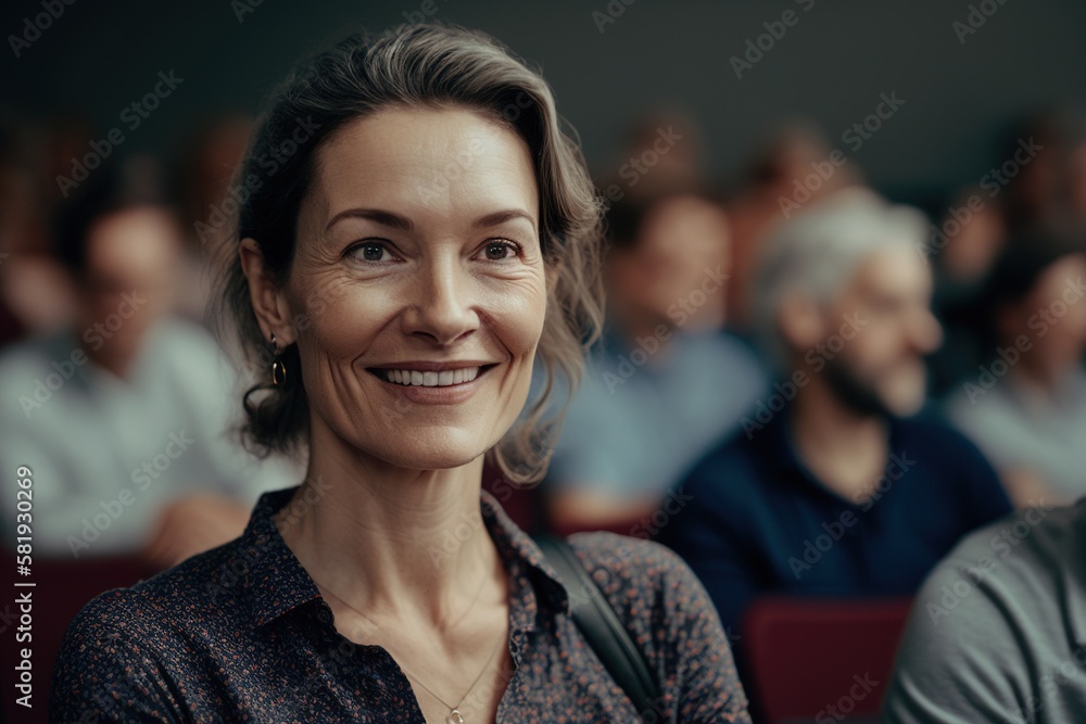 Smiling woman at meeting, blur background. AI generated. Smiling woman at meeting, blur background. AI generated.