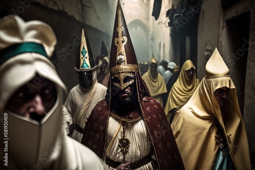 Different costumes of people in procession dressed as traditional Spanish folkloric Nazarenes. Ai generated.