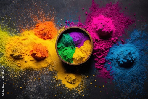 Color powder to throw at the Holi festival, seen from above. Ai generated.