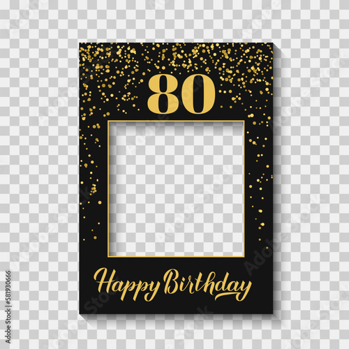 Obraz na płótnie Happy 80th Birthday photo booth frame on a transparent background. Birthday party photobooth props. Black and gold confetti party decorations. Vector template w salonie