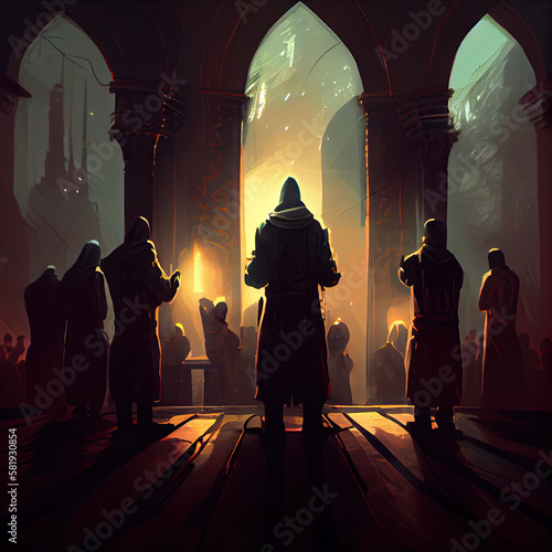 some people standing in front of an archway, with the sun shining through them and one person holding a sword