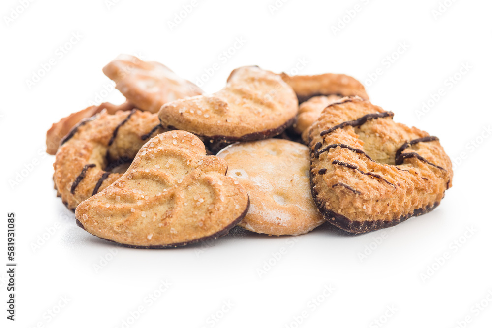 Assorted various cookies. Sweet biscuits isolated on white background.