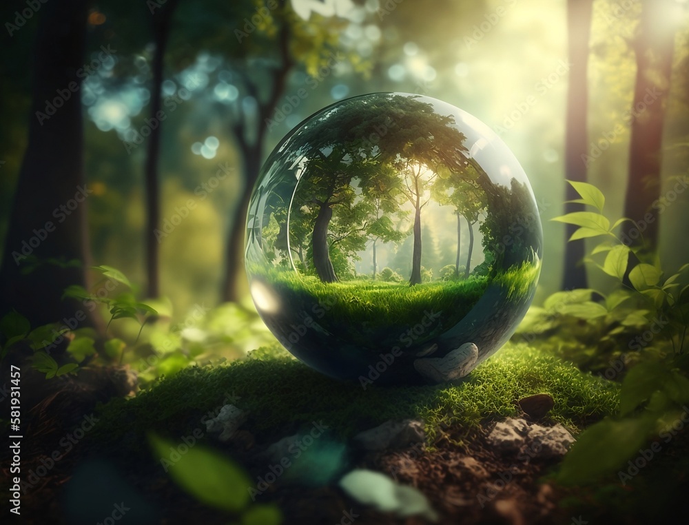 Environment Concept - Globe Glass In Green Forest With Sunlight, generative ai