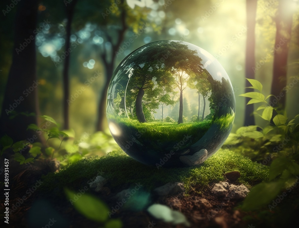 Environment Concept - Globe Glass In Green Forest With Sunlight, generative ai Environment Concept - Globe Glass In Green Forest With Sunlight, generative ai